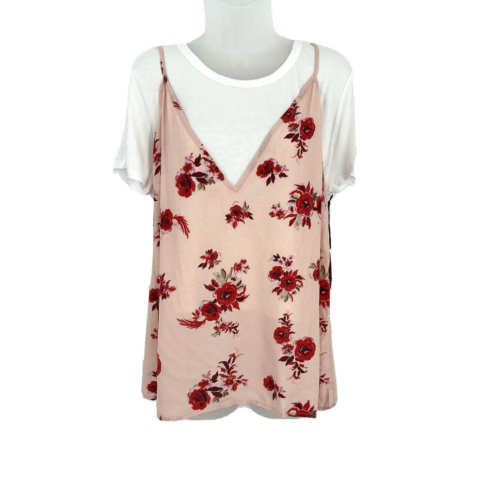 NWT Lovers + Friends XL Shirt Tank Top Bloom Pink Floral White Short Sleeve
